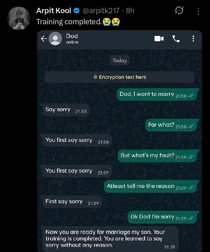 “You have learned to say sorry without a reason” – Father declares son ready for marriage