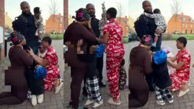 Heartwarming moment as abroad-based woman kneels with children to appreciate her hardworking husband