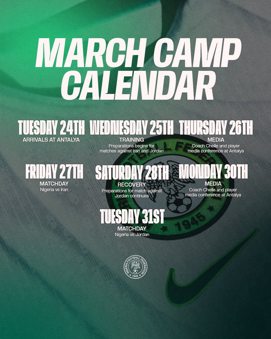 NFF unveil Turkey schedule as 13 Super Eagles stars arrive camp