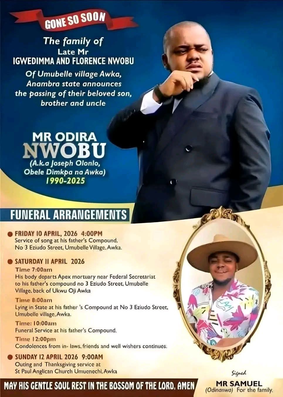 Family announces burial of late Odira Nwobu in Anambra