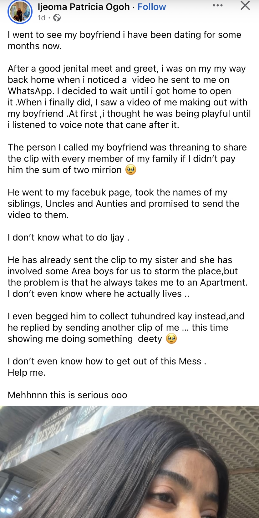 "My boyfriend demands N2m, threatens to leak intimate video" - Lady cries out
