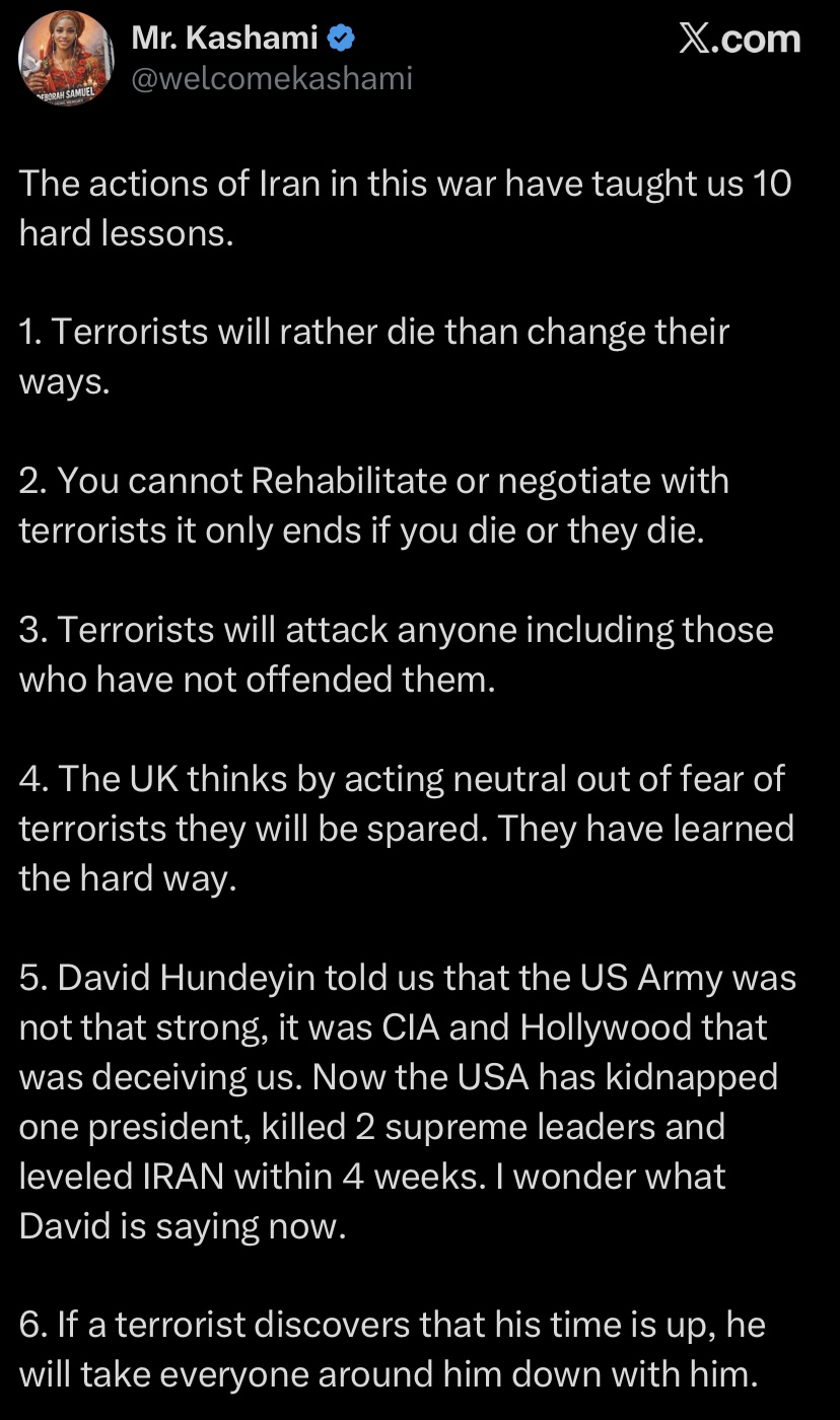 “You cannot negotiate with terrorists” - Man shares ‘10 hard lessons' from Iran war