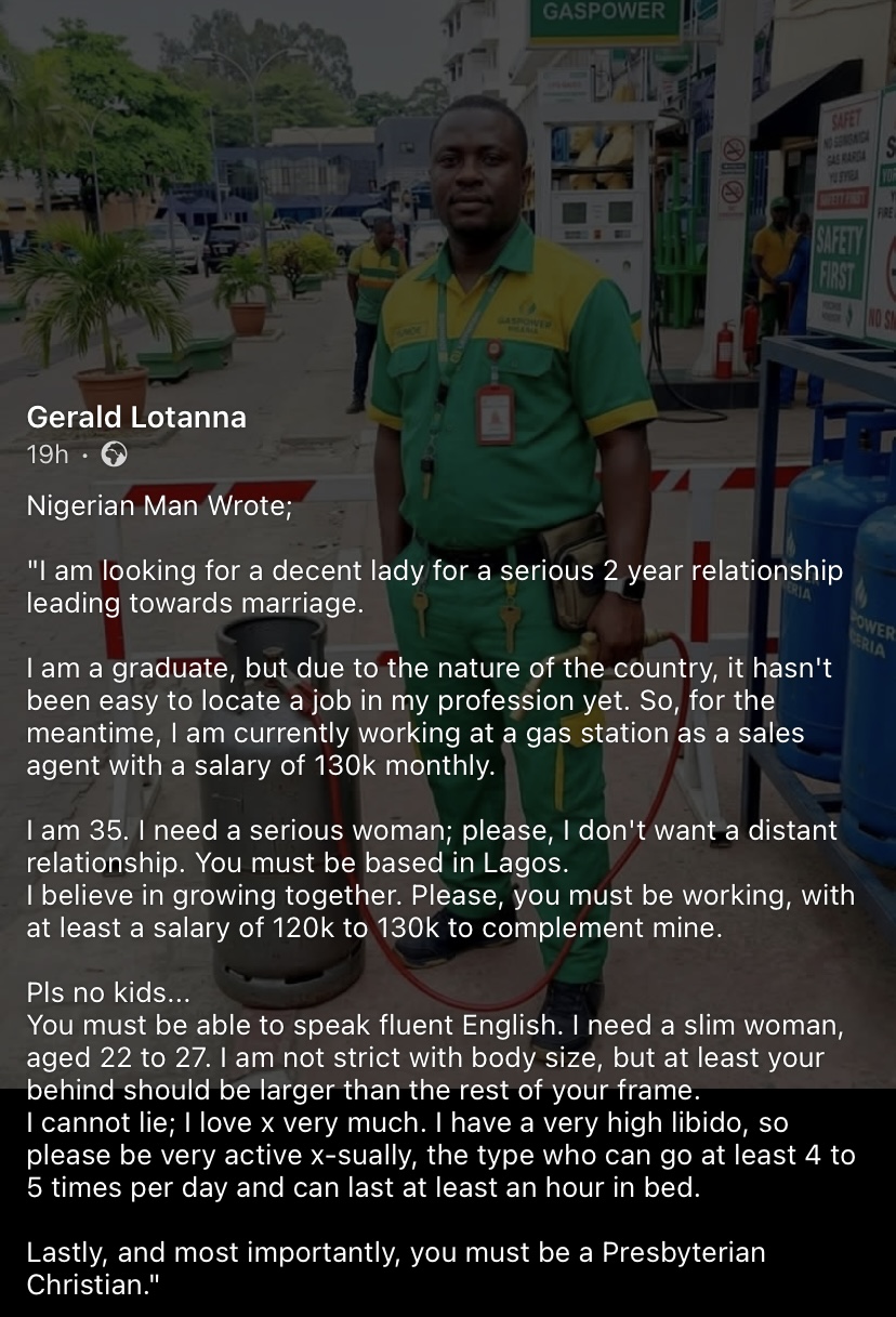 “Must earn at least ₦120k and live in Lagos” - 35-year-old man searches for future wife