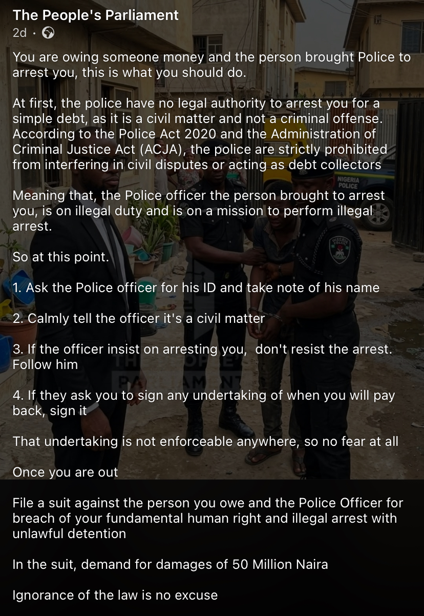 “Police have no right to arrest you over debt” - Lawyer