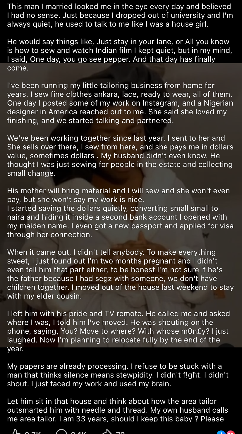 “He mocked me for being a dropout, but I turned my needle into dollars” – Lady shares how she outsmarted husband