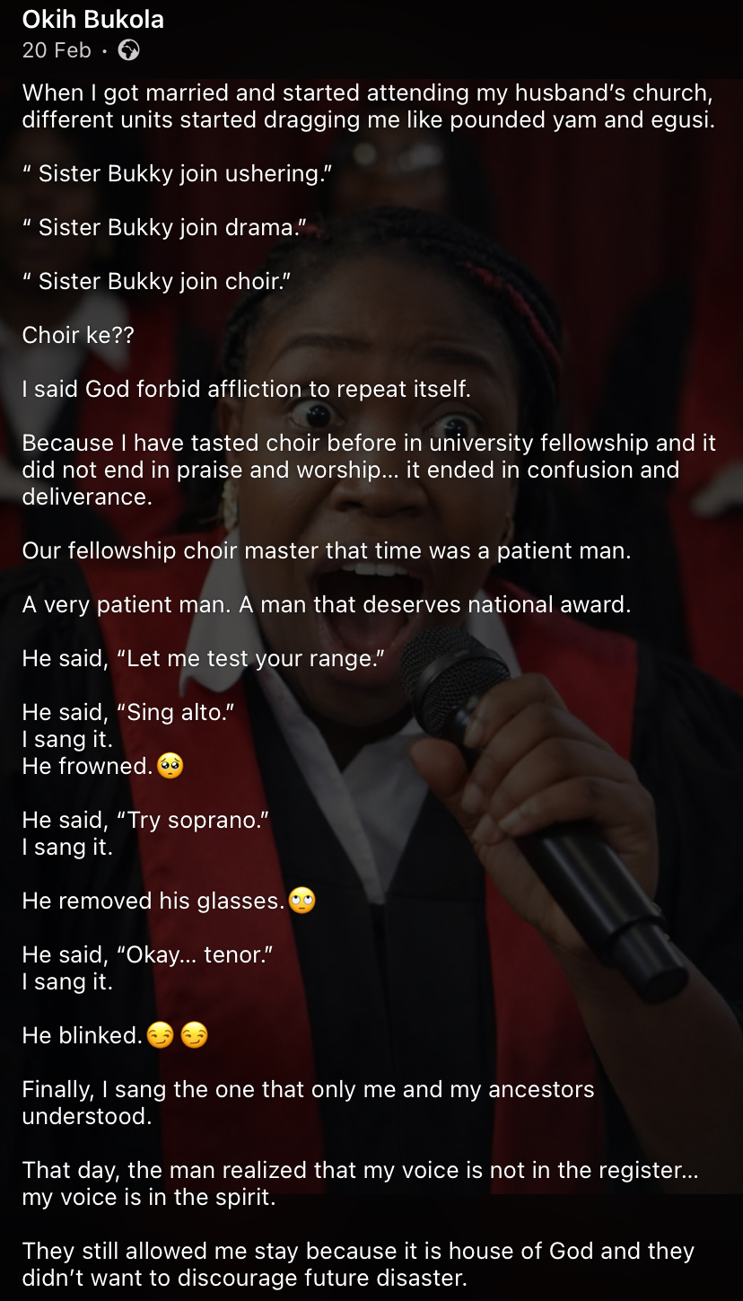 “My voice is for shouting in classroom, not choir” – Lady shares her hilarious choir experience
