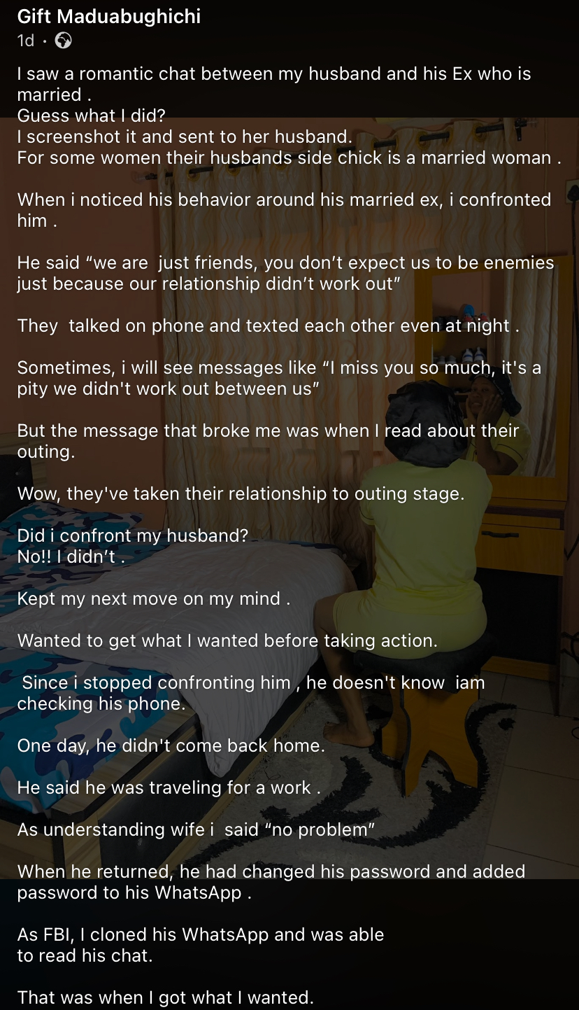 “My husband cheated with his married ex so I married her husband” – Lady shares her revenge story