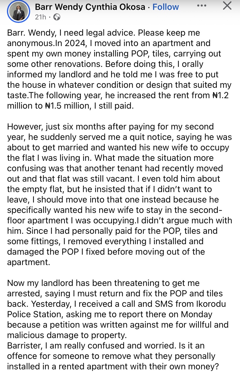 “I spent my money renovating the house then my landlord served me quit notice” – Tenant cries out