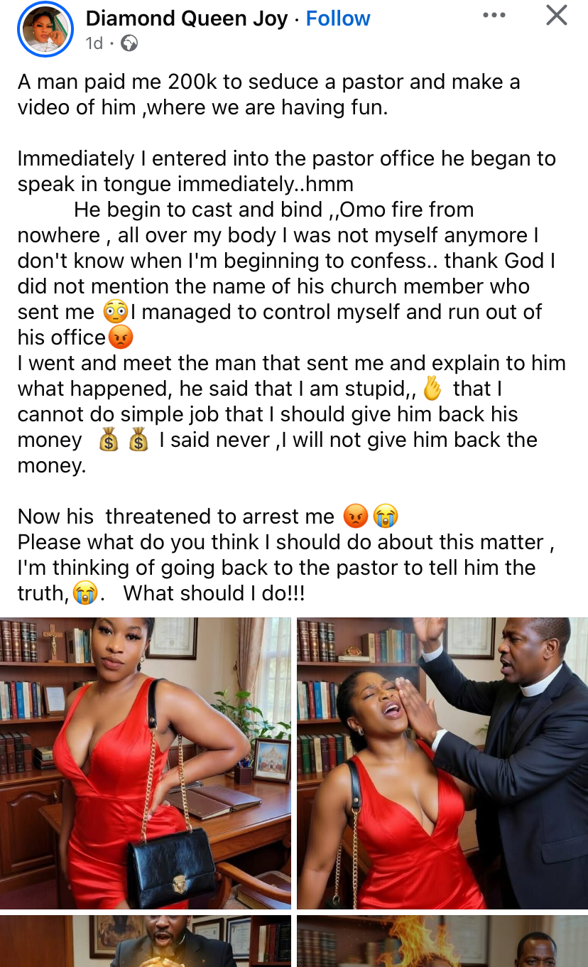 “A man paid me ₦200k to seduce a pastor” – Lady cries out after plan fails