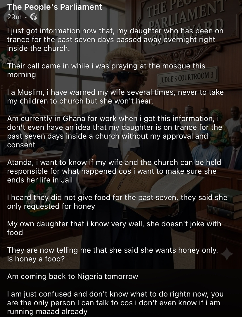 “I was praying at mosque when they called me” – Man cries out as daughter passes away during trance in church