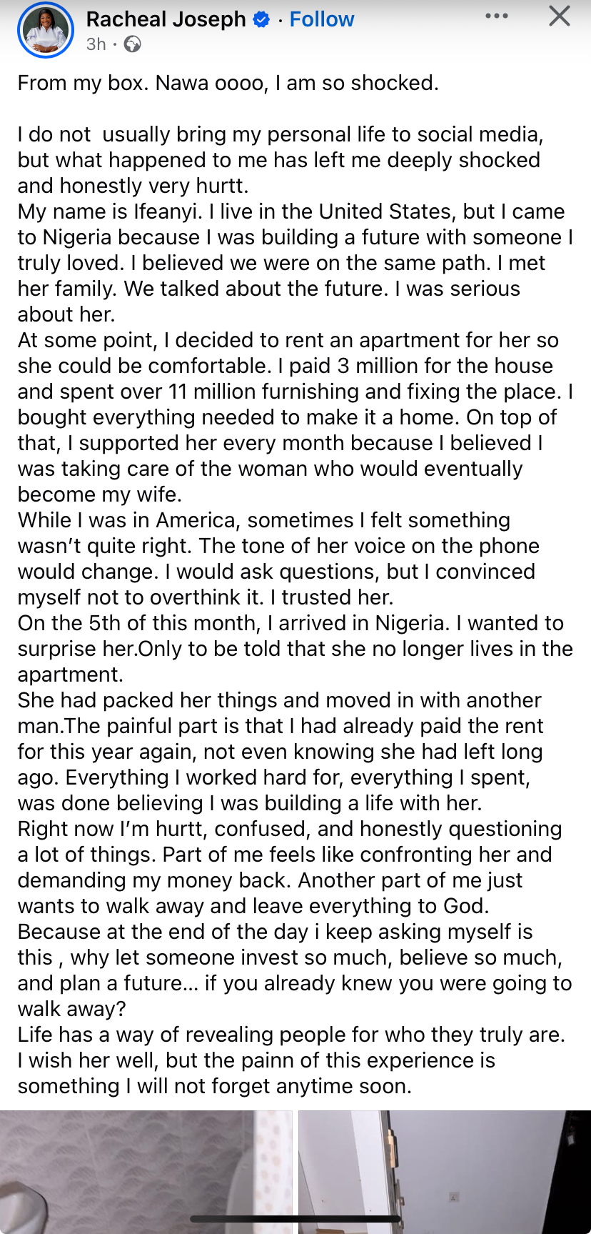 “I paid millions to furnish an apartment for her, only to find she moved out with another man” - Man cries out