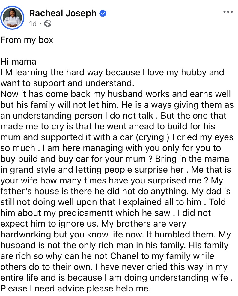 “I’ve never cried this way in my life” – Married lady cries out over husband’s support for his family
