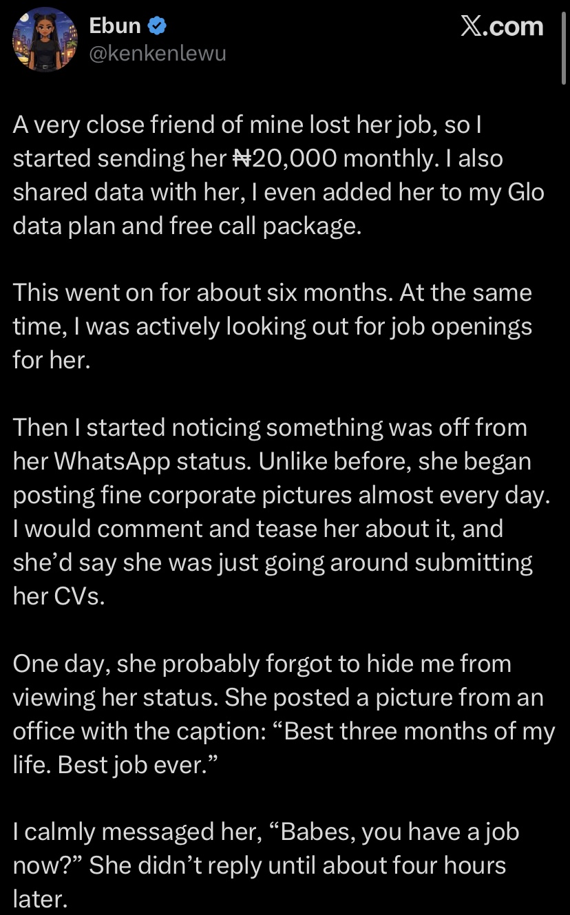 "I sent her ₦20k monthly...only to find out she had been working for 3 months” - Lady cries out