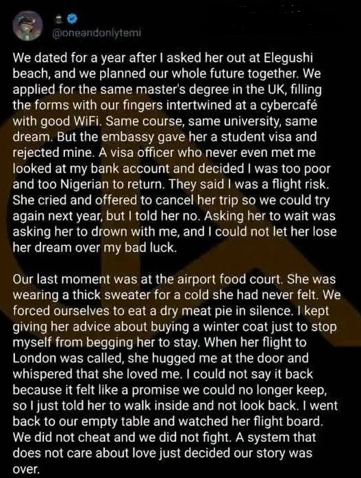 “She got the visa, I got rejected” – Man shares painful love story that ended at airport