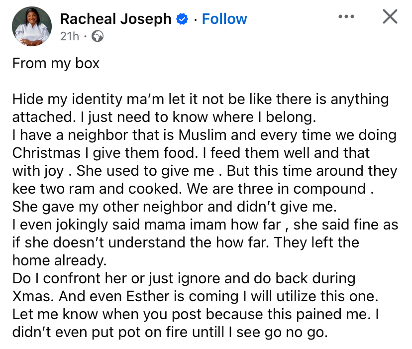 "I feed them every Christmas but she didn't give me Sallah food" - Lady cries out