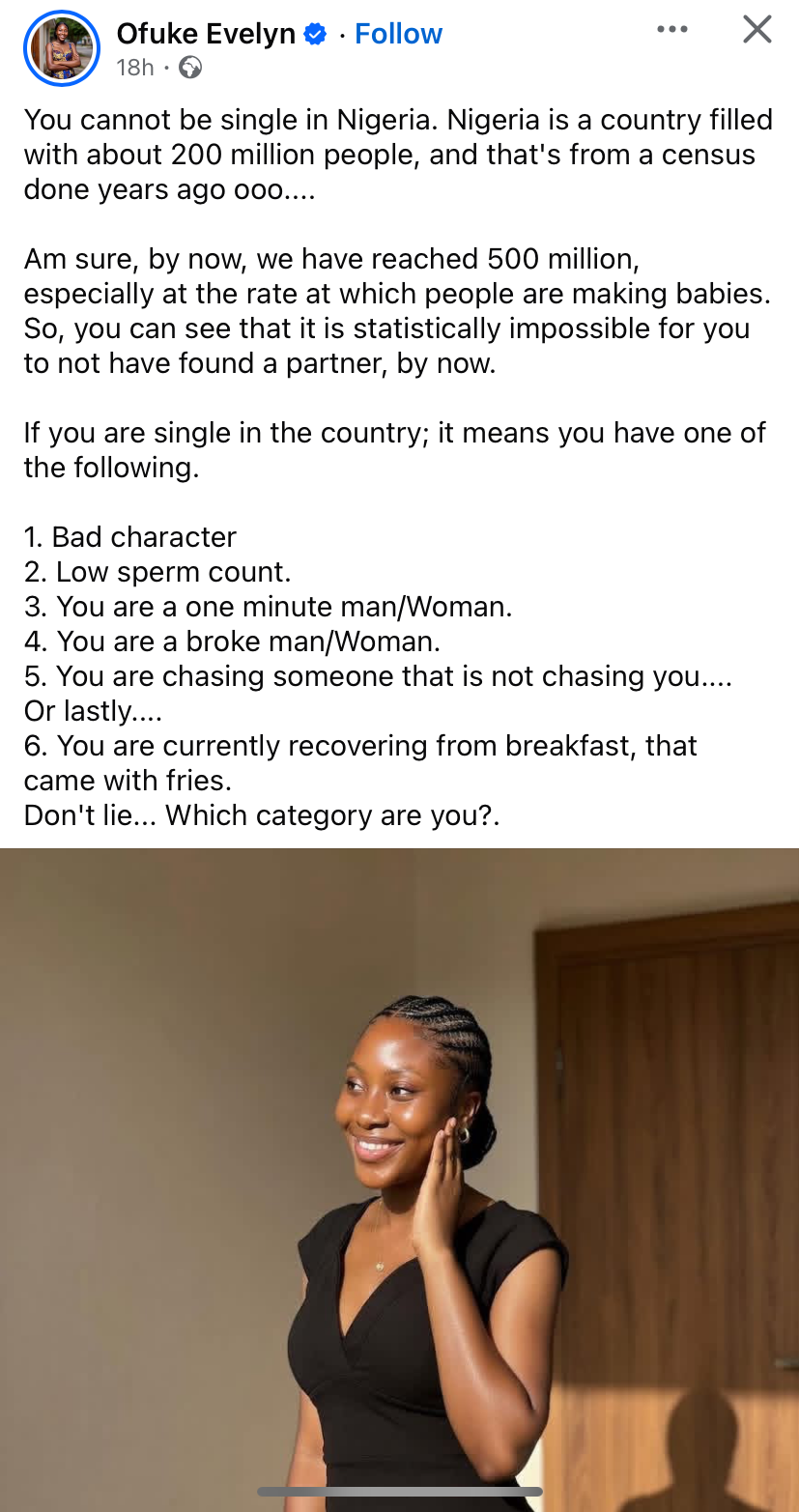 "You cannot just be single in Nigeria” – Lady lists reasons why some people haven’t found partners