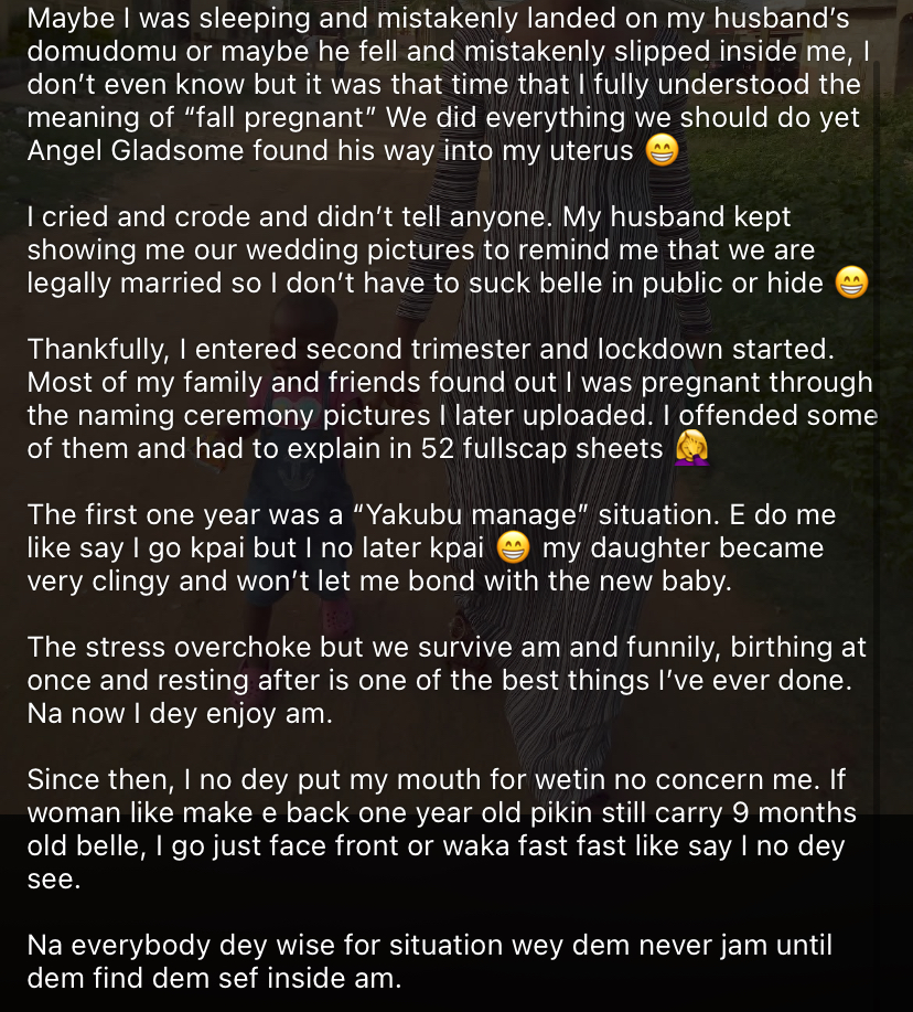 “Na everybody dey wise until dem jam am” – Lady shares her back-to-back pregnancy story after mocking others