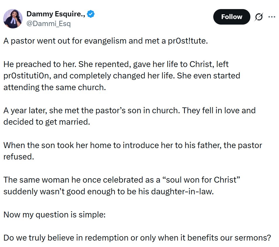 “She changed her life” – Lady calls out pastor for refusing son to marry ex-prostitute