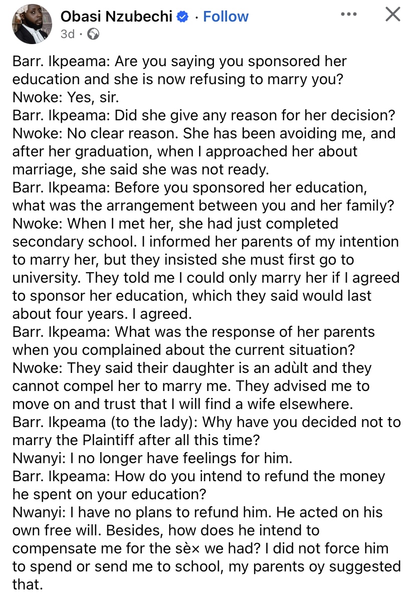 Man sues girlfriend for refusing to marry him after sponsoring University education