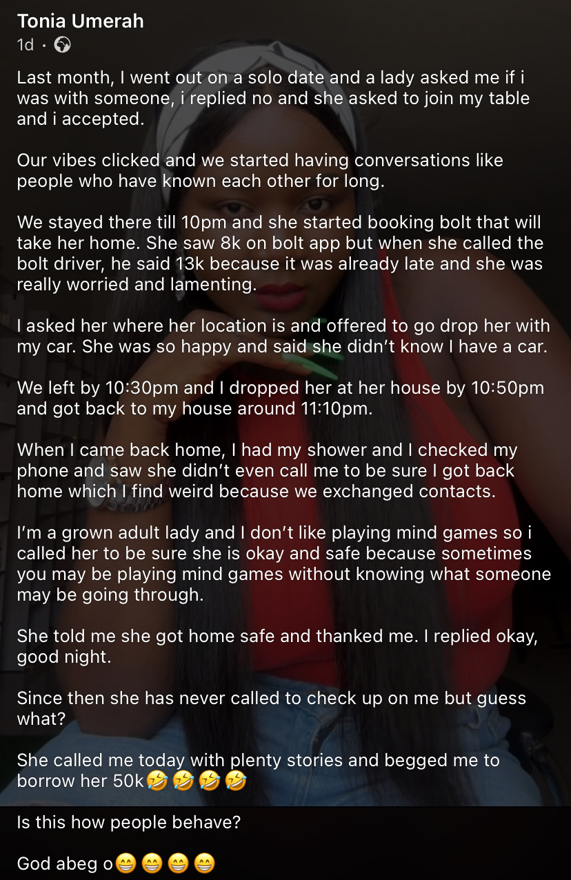 “Is this how people behave?” – Lady laments after stranger she dropped home at night calls back to borrow ₦50k