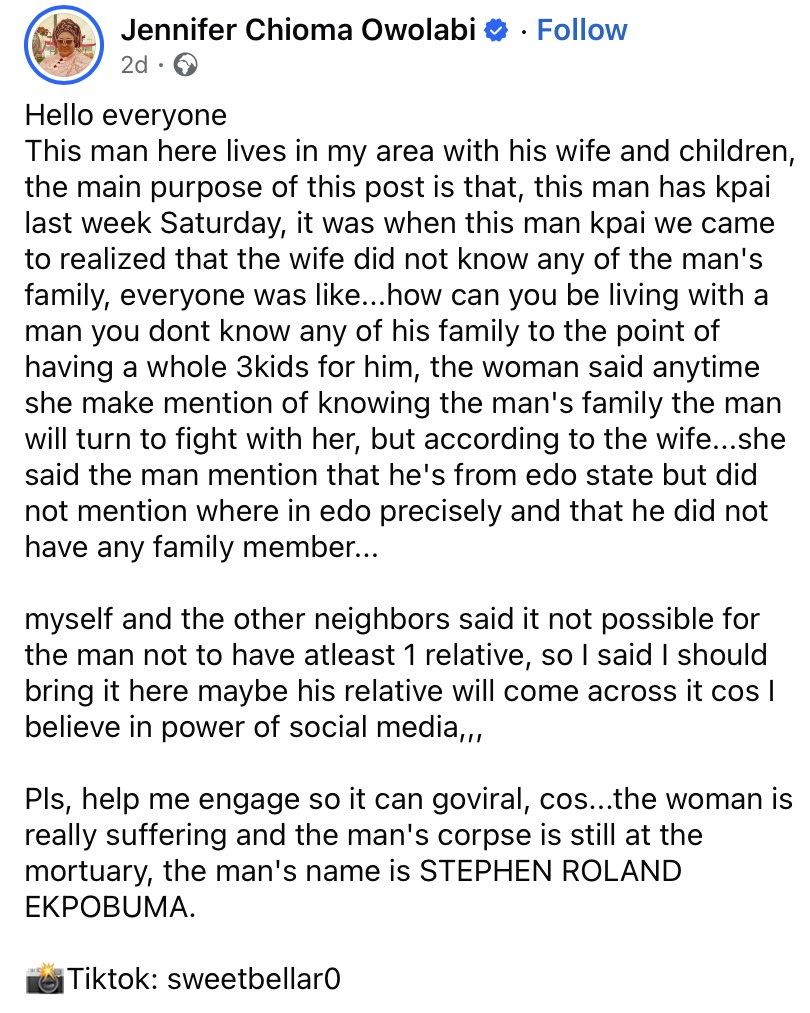 Neighbours cry out as man dies, leaves wife with no relatives to contact after years of marriage