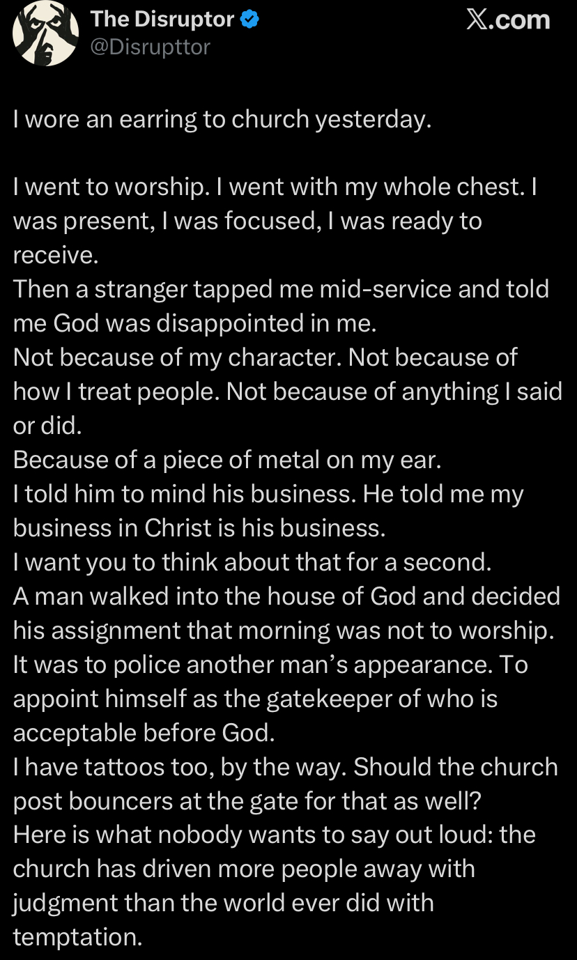 “God is disappointed in you” - Man shares how he was confronted in Church over earring