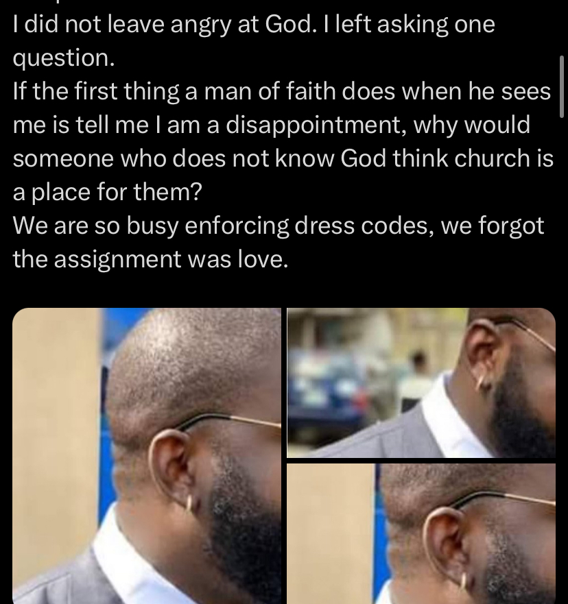 “God is disappointed in you” - Man shares how he was confronted in Church over earring