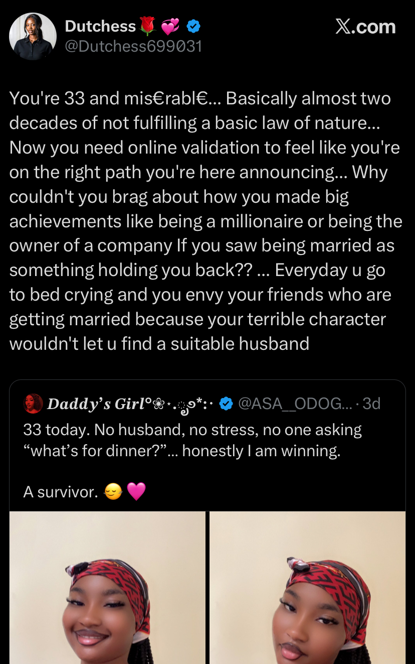 “You're 33 and miserable” - Drama as Netizen blasts lady celebrating being husband-free at 33