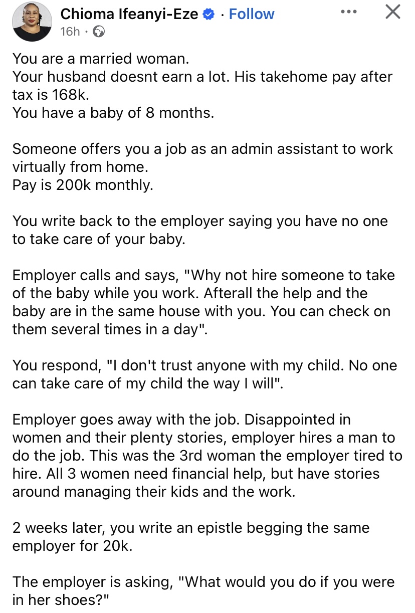 Woman turns down ₦200k remote job offer over baby, later begs employer for ₦20k