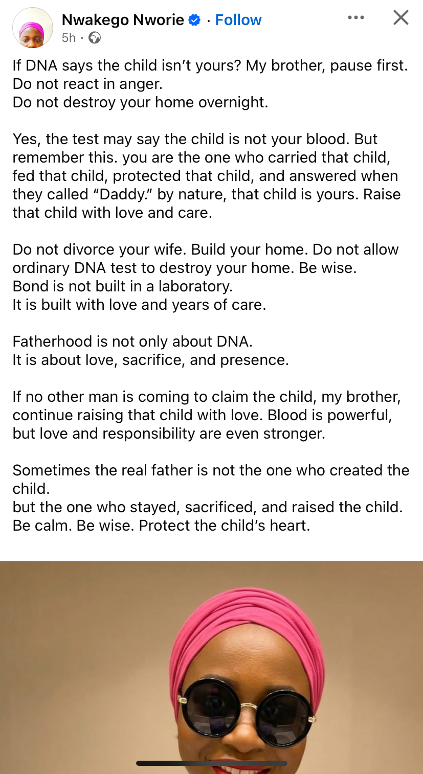 “If DNA test says the child isn’t yours, pause first…” - Lady advises men