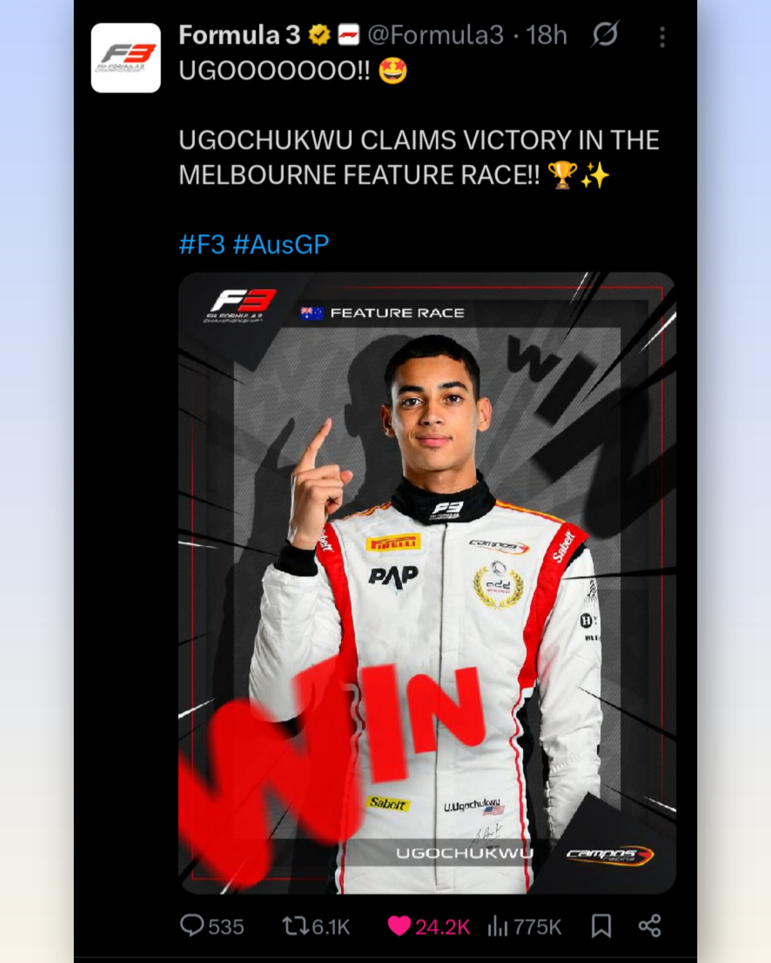 Ugochukwu claims maiden F3 victory in Melbourne