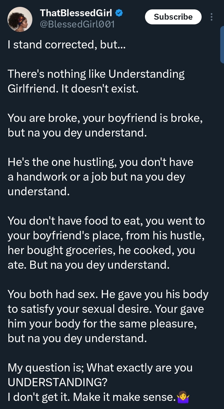 "Understanding girlfriend does not exist" — Lady claims