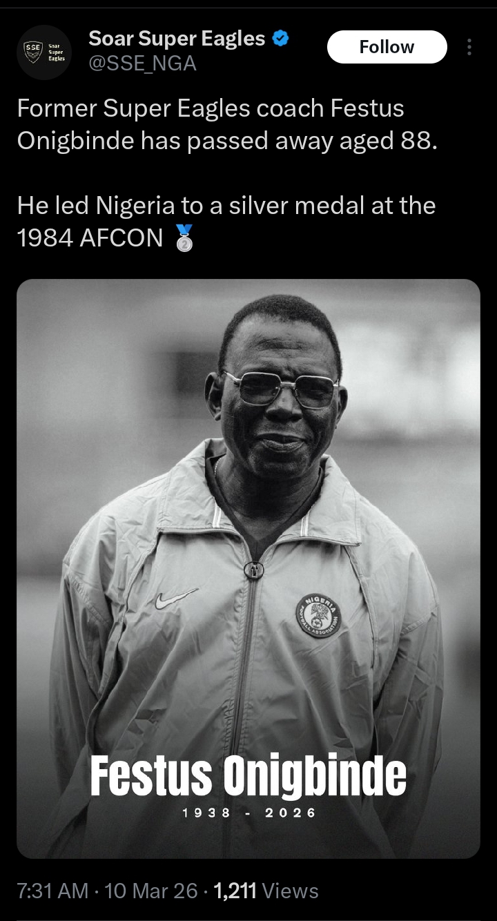 Ex-Super Eagles coach Festus Onigbinde dies at 88