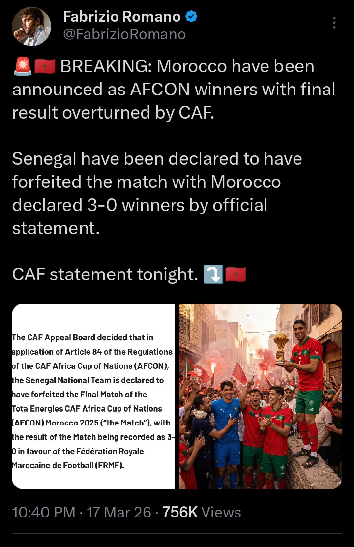 BREAKING: CAF announce Morocco AFCON 2025 winners, revoke Senegal's victory