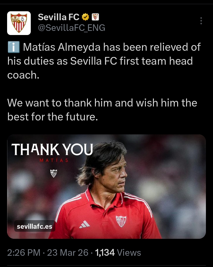 BREAKING: Sevilla sack Akor Adams head coach Almeyda after poor run of form
