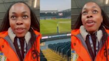Abroad-based Nigerian lady sparks buzz, claims she’s being paid to watch live football in the UK