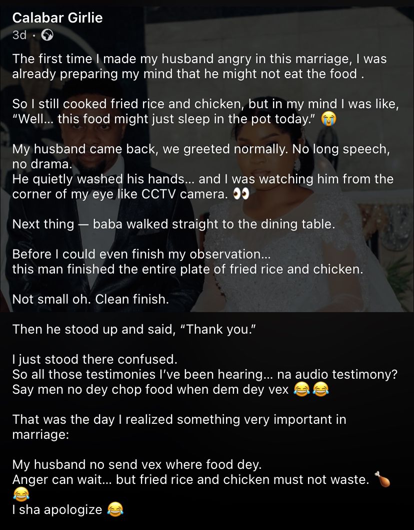 “My husband no send vex where food dey” - Lady shares funny first fight experience in marriage