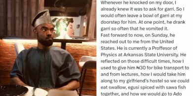 "From drinking garri to U.S. professor" – Man recounts friend’s rise, rewards kindness with ₦500K
