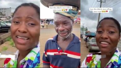 "If I dey talk..." — Lady cries out after seeing elderly man selling sachet water to survive