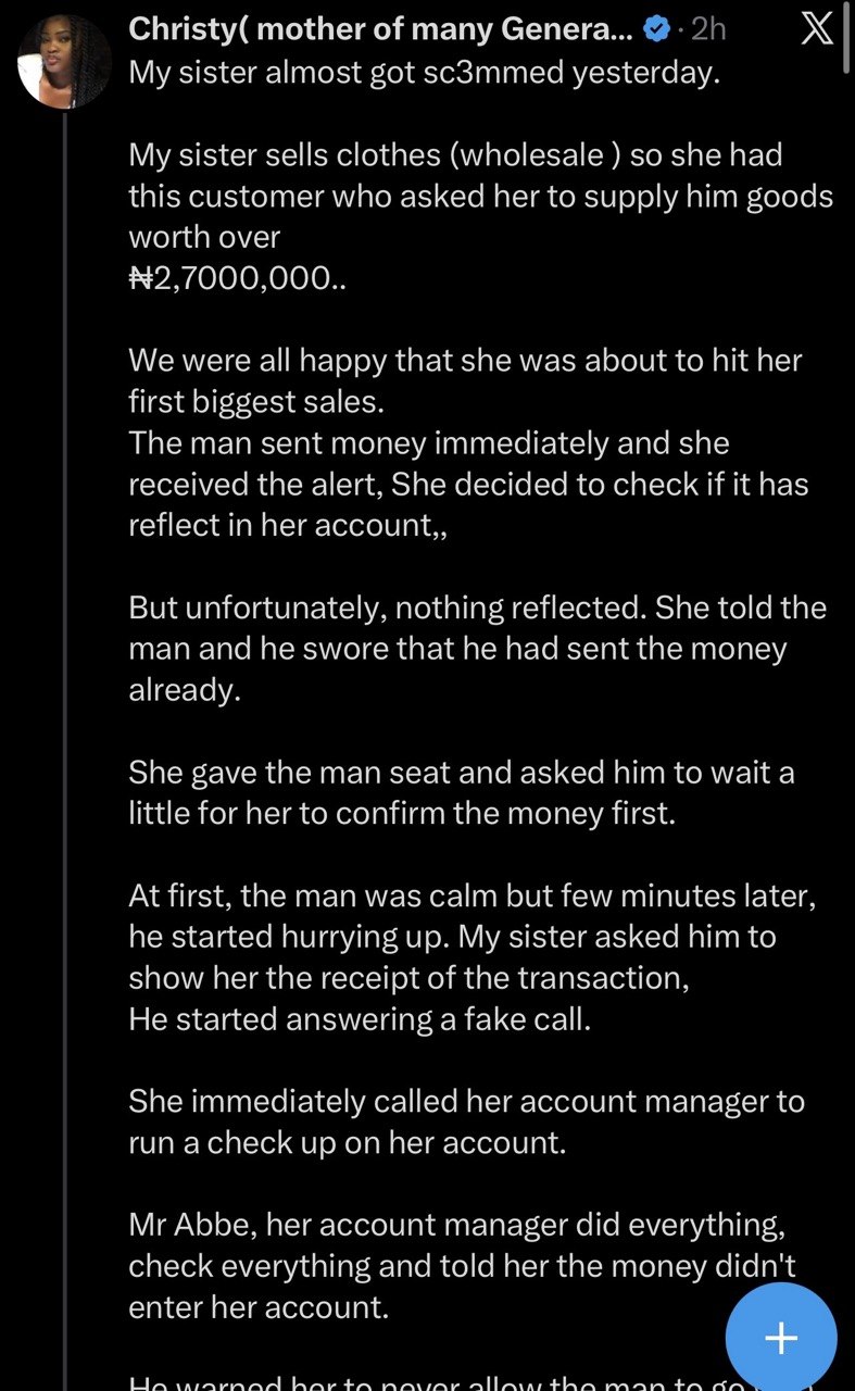 “He warned her”- Lady shares how her sister was nearly duped,  amount sparks buzz