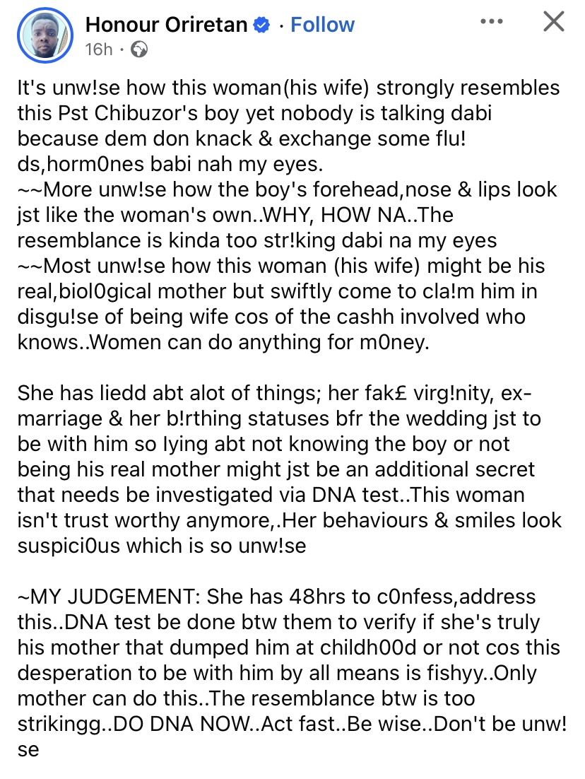 “She looks just like him” - Man calls out OPM pastor’s adopted son’s new wife, alleges secret connection