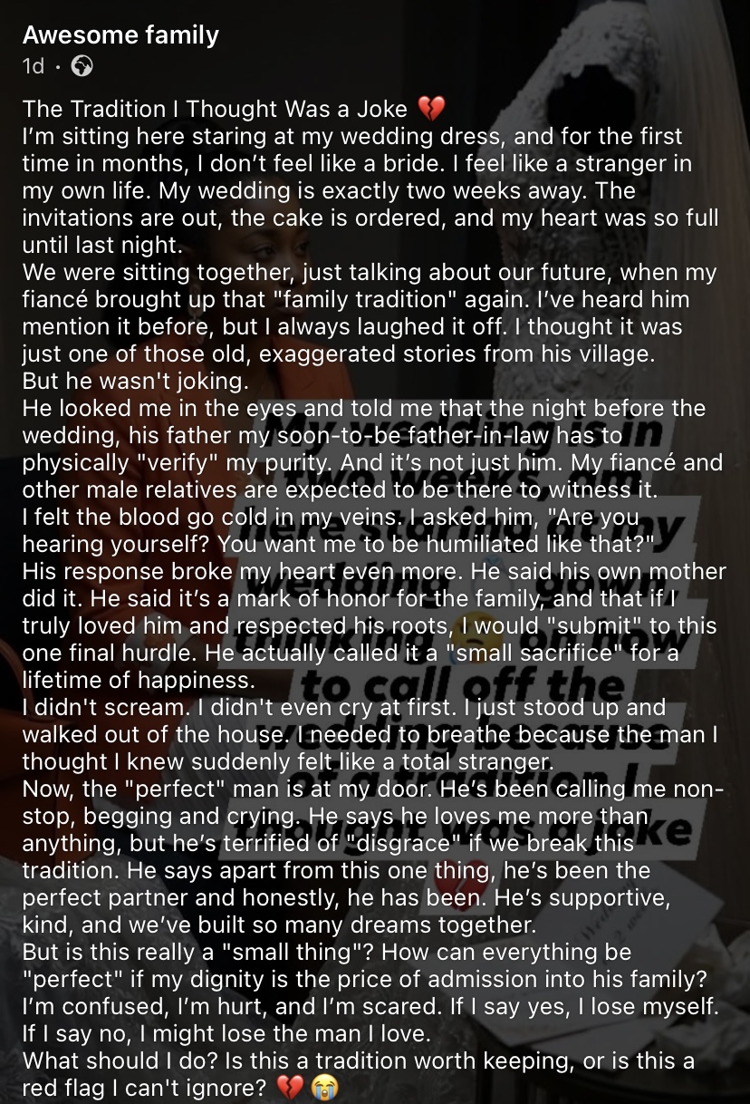 “I can’t submit to this…” - Lady calls off wedding after being asked to undergo ‘purity test’