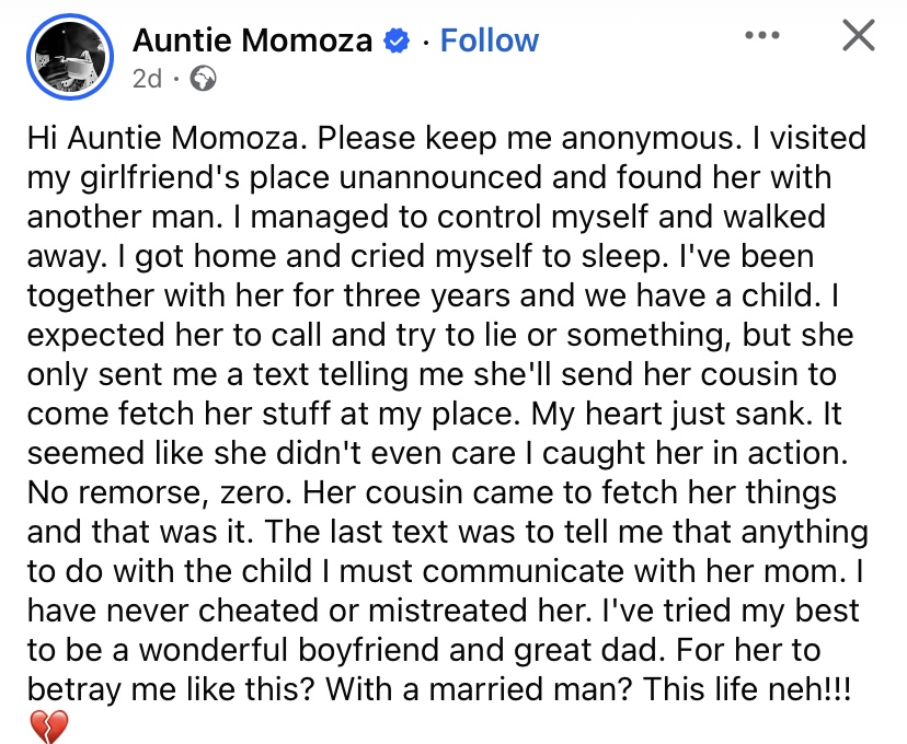 "She can't even lie" - Man heartbroken as girlfriend sends cousin to pack her things after being caught cheating