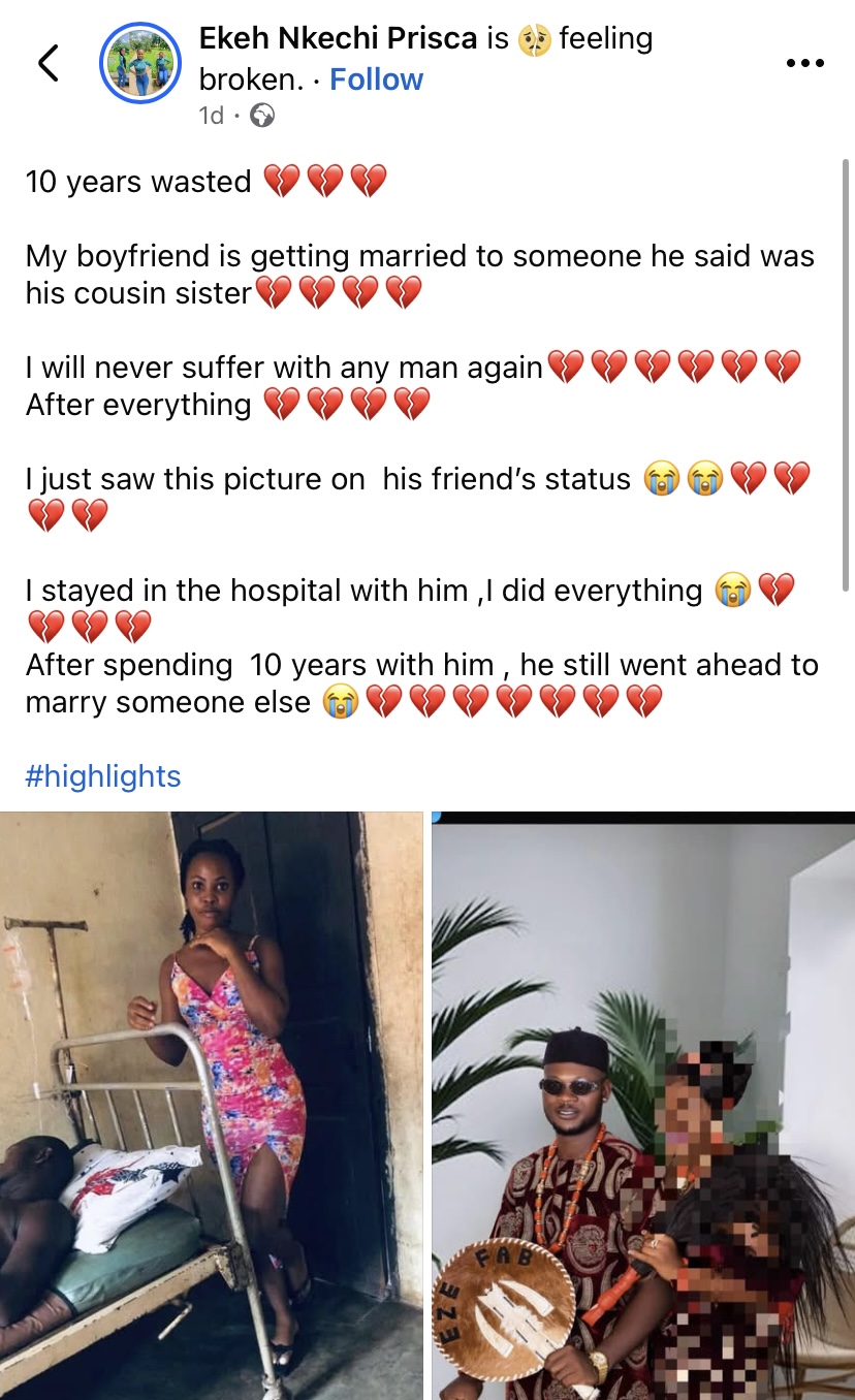 “10 years wasted“ - Lady cries out as boyfriend marries girl he swore was just his 'cousin sister'