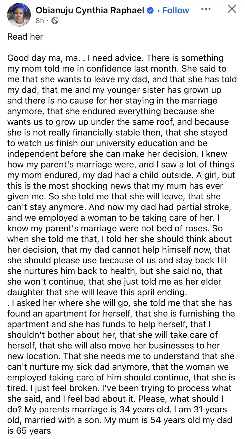 "After 34 years, my mum wants to dump her sick husband - Daughter cries out