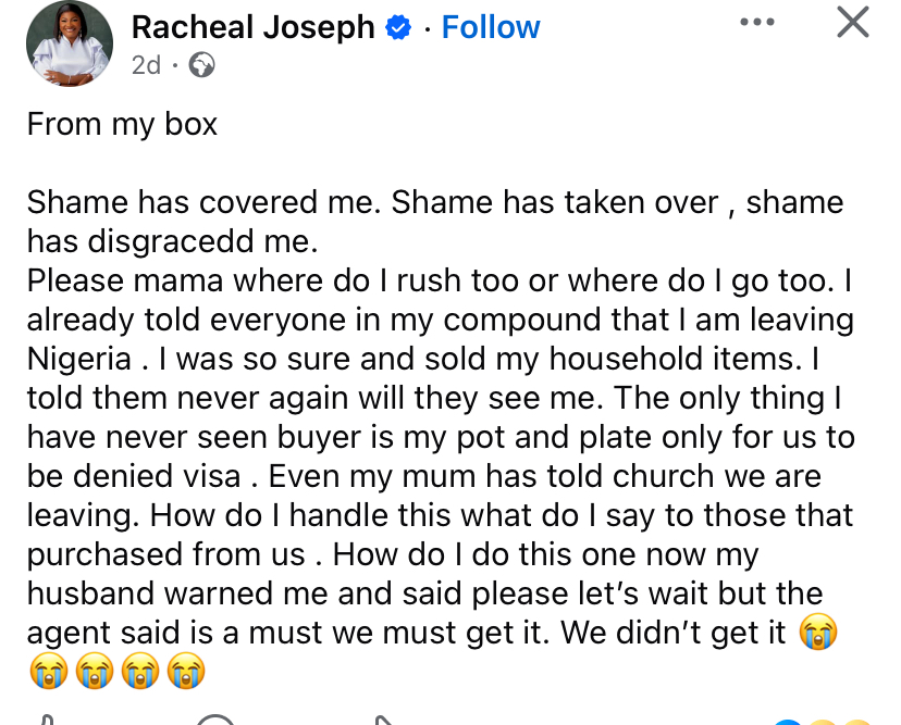 “Shame has covered me” – Woman cries out after selling belongings, visa gets denied