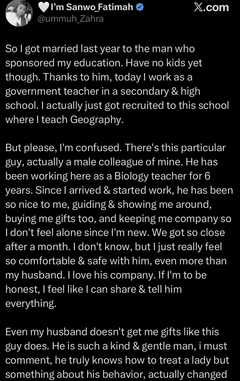 "He treats me better than my husband" – Married teacher cries out over intimate gifts from male colleague