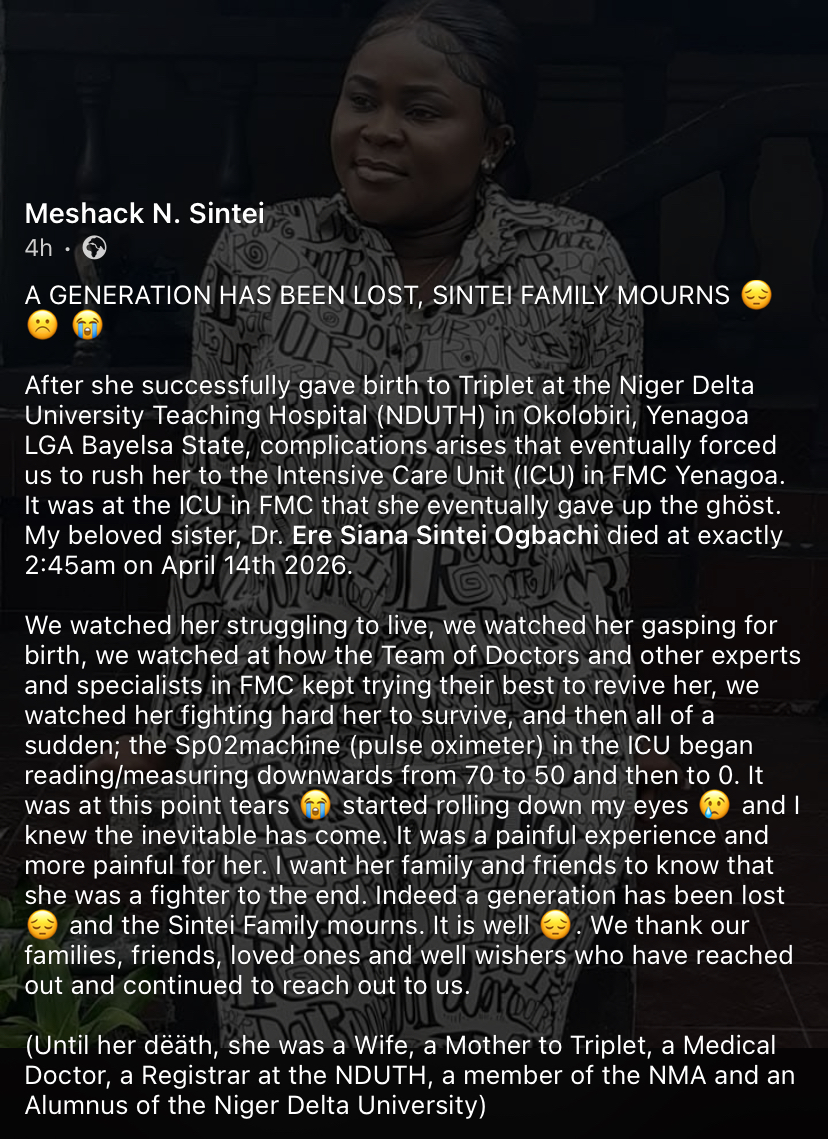 Medical doctor passes away after giving birth to triplets in Bayelsa hospital