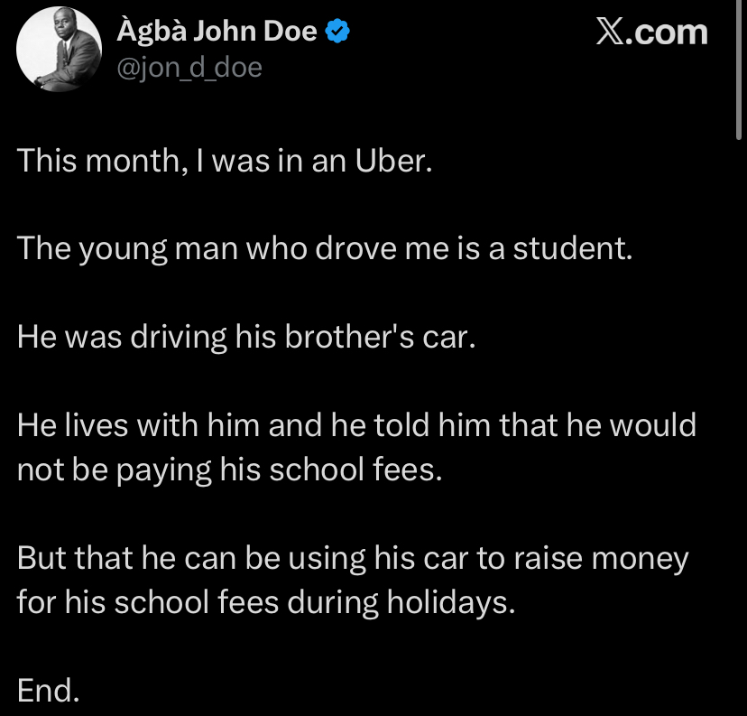 Man shares how he met student driving Uber with brother’s car to pay school fees