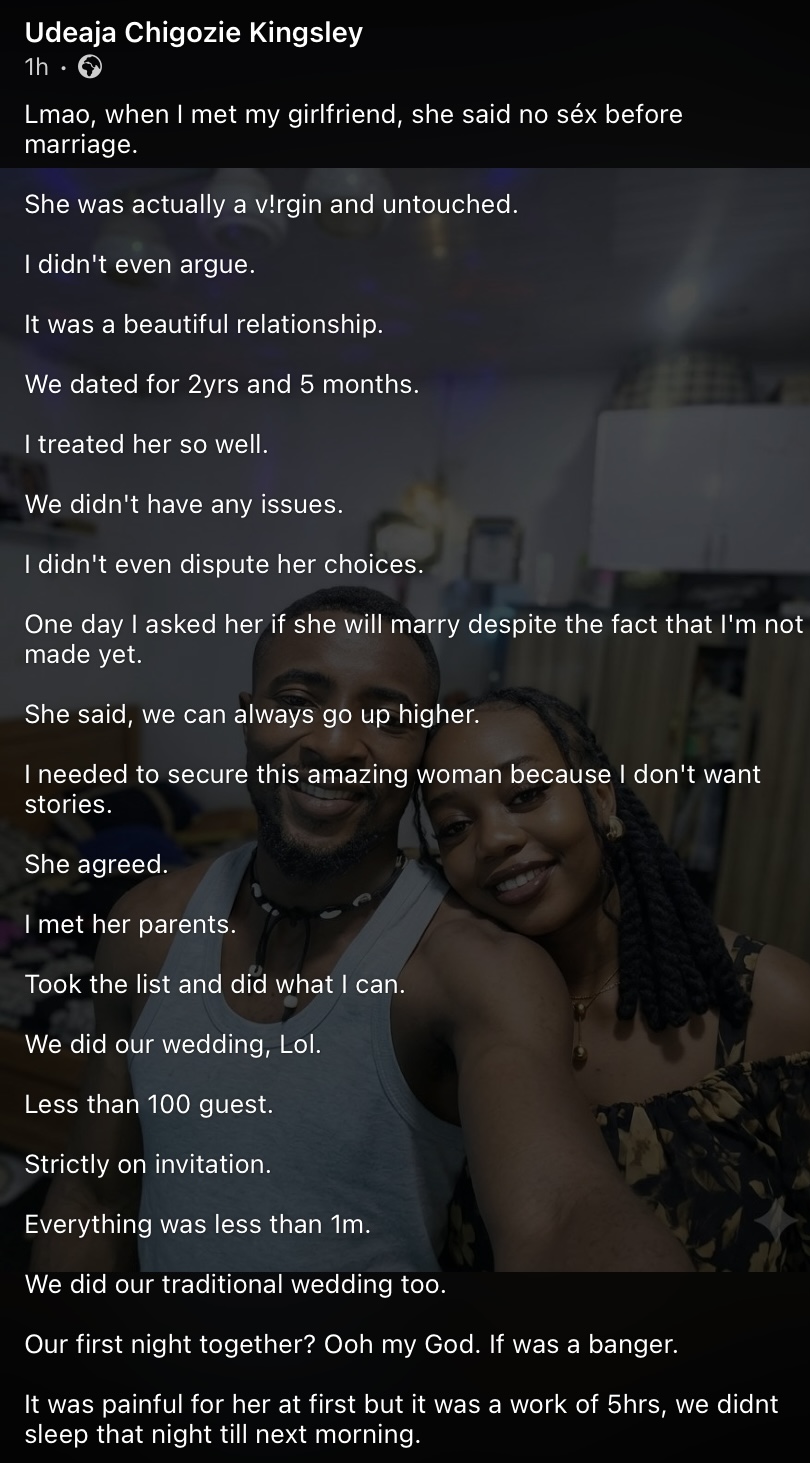“Our first night together was a banger” - Man reflects on marriage with virgin girlfriend